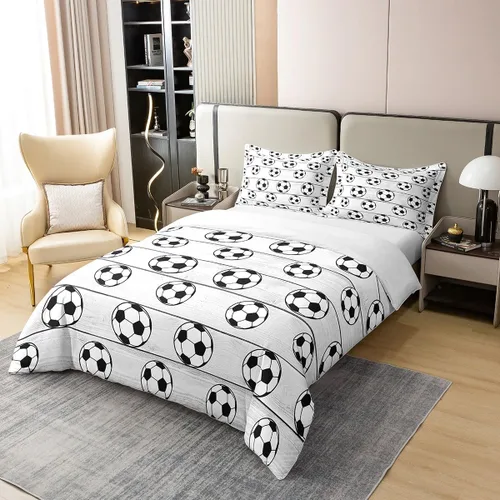 Vista 3 de Juego de ropa de cama de fútbol 100% algodón natural, tamaño individual, funda de edredón con patrón de bola blanca trasera, 2 piezas