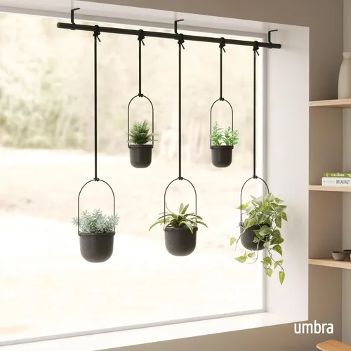 Vista 2 de Umbra Triflora - Maceta colgante para ventana, jardín de hierbas de interior, juego de 5, color negro