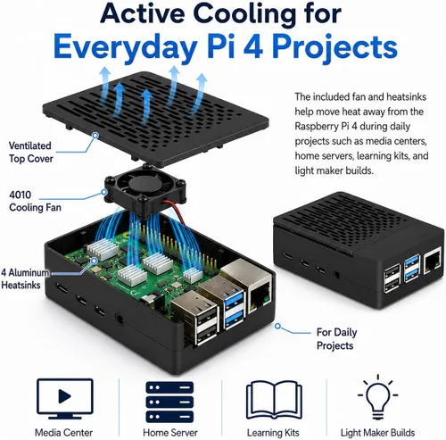 Vista 2 de iUniker Funda para Raspberry Pi 4, carcasa ABS Pi 4 con ventilador de refrigeración, disipador de calor Pi 4, cubierta superior extraíble simple