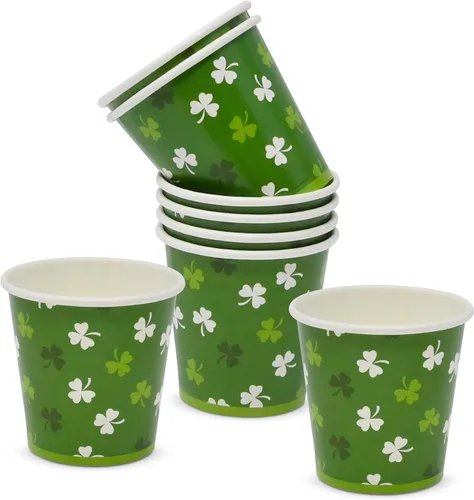 Vista 4 de Gift Boutique Paquete de 100 vasos de papel de trébol del día de San Patricio de 2 onzas, mini tazas de trébol verde para fiestas, postres