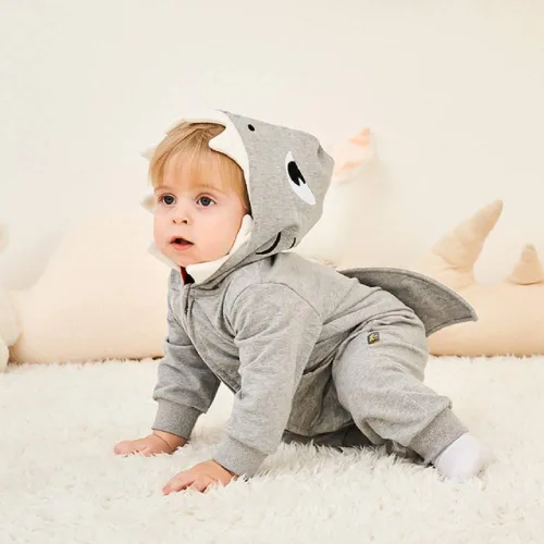 Vista 4 de ALLAIBB Disfraz de tiburón para bebé, mameluco de algodón con dibujos animados 3D, lindo overol con capucha para bebés, niños y niñas, 3-24 meses