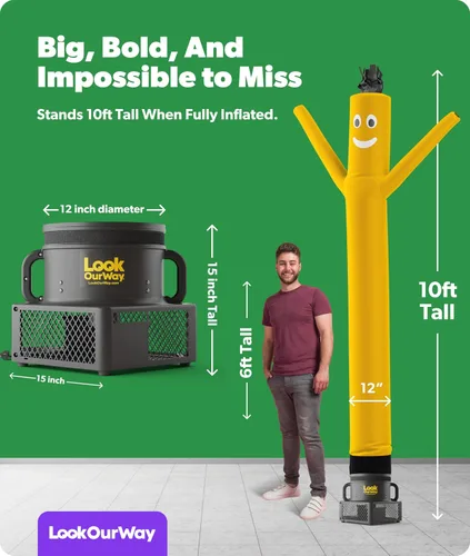 Vista 3 de LookOurWay Air Dancers Wacky Waving Inflatable Tube Man Set - Muñeco inflable de tubo de 3,05 m de alto con soplador y movimiento loco - Amarillo