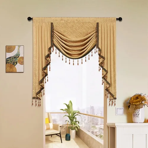 Vista 12 de ELKCA Cenefa de Cascada Jacquard con Cuentas de Lujo Beige Cenefas de Cortinas de Ventana para Sala de Estar, Bolsillo para Varilla, 1 Panel
