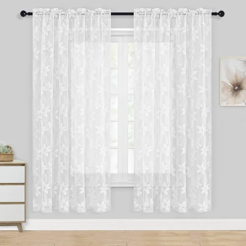 Vista 18 de DWCN Paquete de 2 cortinas traslúcidas pequeñas de encaje floral beige para cocina, cortinas traslúcidas ligeras con bolsillo para barra, cortinas