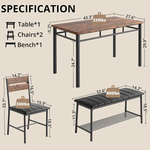 Vista 2 de IRONCK Juego de mesa de comedor para 4, juego de mesa y sillas de cocina Marrón rústico