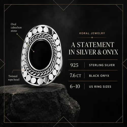 Vista 4 de Black Onyx Oval Stone Vintage Ring 925 Sterling Silver US Size 6 7 8 9 10