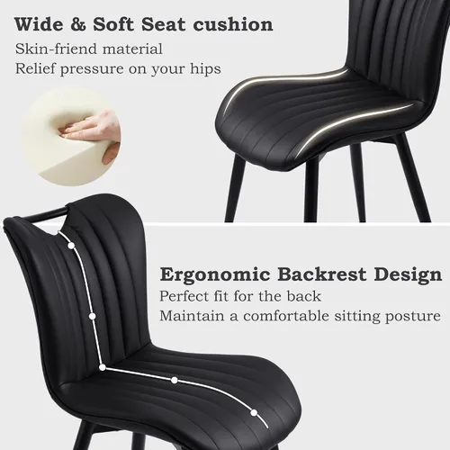 Vista 3 de Juego de 2 sillas de comedor tapizadas de cuero, modernas sillas de comedor de cocina de mediados de siglo con patas de metal negro, sillas