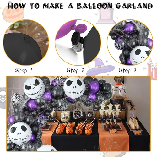Vista 3 de Kit de guirnalda de arco de globos para decoración de Halloween, 101 piezas de globos de látex de confeti morado metálico y negro mate, con globos