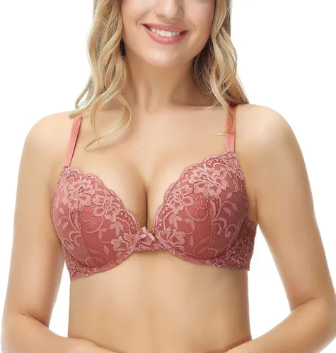 Vista 17 de Deyllo - Brasier de encaje para mujer con efecto de realce de busto, cómodo, con relleno, aros, levanta y añade una copa a tu busto Ámbar dorado