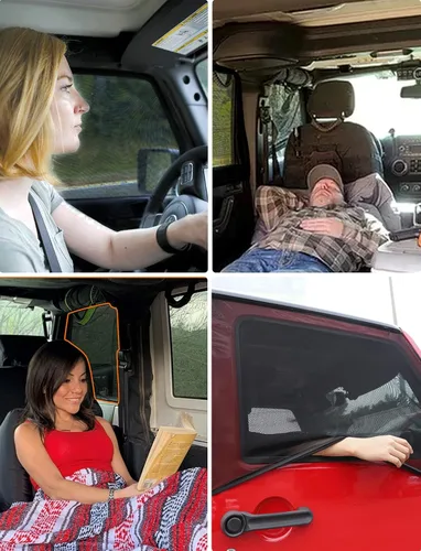 Vista 5 de Savadicar Parasoles para Ventana Delantera, Parasol de Malla Transpirable para Ventana Lateral, Red Protectora Solar Elástica Compatible con Jeep
