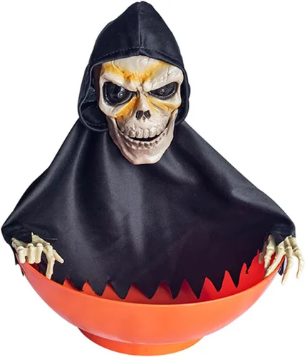 Vista 6 de Soporte de caramelo de esqueleto activado por movimiento espeluznante con calavera gritando y ojos rojos iluminados para decoraciones de Halloween