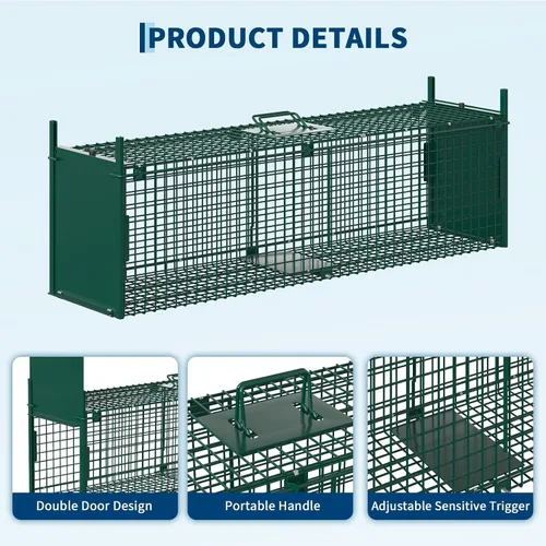 Vista 4 de Jaula de trampa para animales vivos de doble puerta, plegable, de acero resistente, fácil de instalar y liberar, gatillo sensible, asa