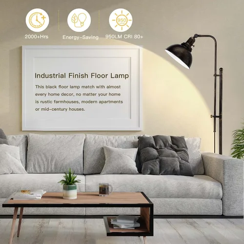 Vista 6 de PARTPHONER Lámpara de pie industrial ajustable, lámpara de lectura rústica de granja en acabado negro envejecido, lámpara de pie moderna