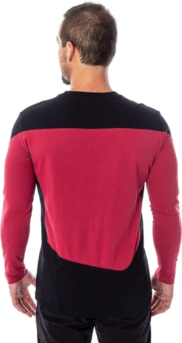 Vista 4 de Star Trek Next Generation - Disfraz de uniforme de Picard para hombre, camiseta de manga larga con logotipo bordado, Rojo