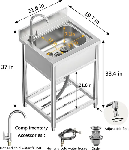 Vista 5 de Juego de fregadero de cocina de restaurante comercial de acero inoxidable de pie independiente con grifo, lavabo de mano de lavado de preparación