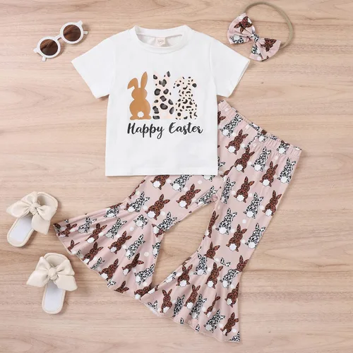 Vista 2 de 3pc Toddler Girls Kids Easter Cartoon Rabbit Printed Pullover Tops Spring Flared Pants Infant Stylish Headband