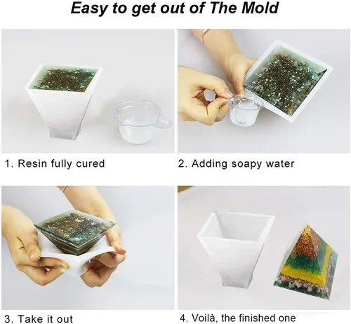 Vista 6 de Moldes de resina de silicona, 5 moldes de fundición de resina, incluyendo esfera, cubo, pirámide, cuadrado, redondo con 1 taza medidora y 5 pipetas