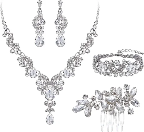 Vista 10 de Ever Faith - Conjunto de collar y aretes de lágrima con cristales de diamantes de imitación para novia, ondas florales