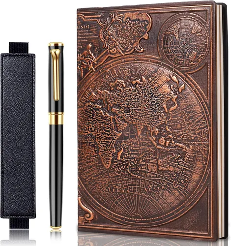 Vista 8 de FEIDIAO Cuaderno vintage de cuero con relieve de elefante con bolígrafo/funda para bolígrafo, cuaderno de tapa dura A5, para bloc de notas