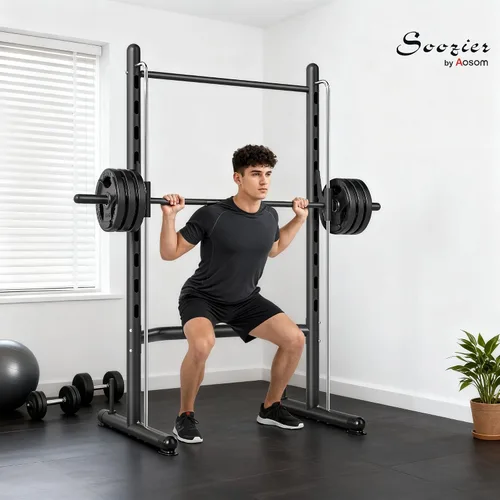 Vista 2 de Soozier Squat Rack with Pull-Up Bar, Adjustable Power Rack with Barbell Bar, Multi-Functional Steel Bench Press Rack for Home Gym Strength Training
