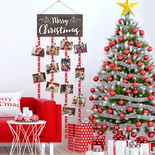 Vista 4 de Soporte de Exhibición para Tarjetas de Navidad, Decoración de Pared de Navidad, Marco de Fotos de Navidad de Madera con 30 Clips para Colgar Fotos