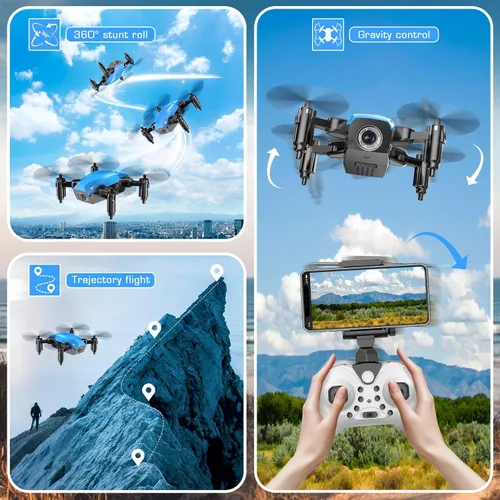Vista 5 de Drones para niños con cámara, mini juguete cuadricóptero RC con alas plegables, control de voz y gestos, retención de altitud, protector de hélice