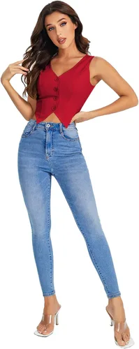 Vista 3 de SweatyRocks Chaleco corto con dobladillo asimétrico y botones en la parte delantera para mujer, cuello en V, sin mangas, para mujer