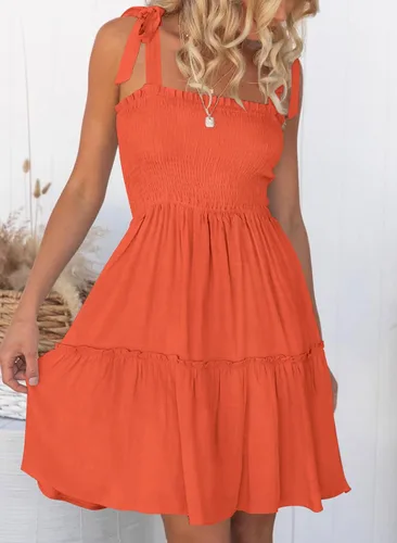 Vista 4 de MUXERI Women's Bohemian Solid Color Spaghetti Straps Shirred Square Neck Swing A Line Beach Mini Dress