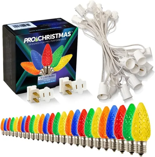 Vista 18 de Pro Christmas - Kit de luces C9 para exteriores, blanco cálido, cable verde, 50 bombillas, 50 pies
