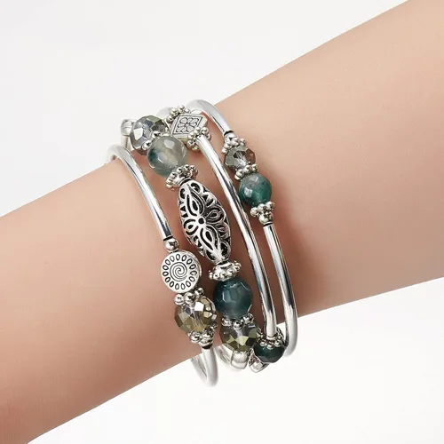 Vista 3 de Pulseras apilables con cuentas para mujer, pulsera de plata bohemia envuelta en capas, regalos de joyería de moda para ella, Ágata