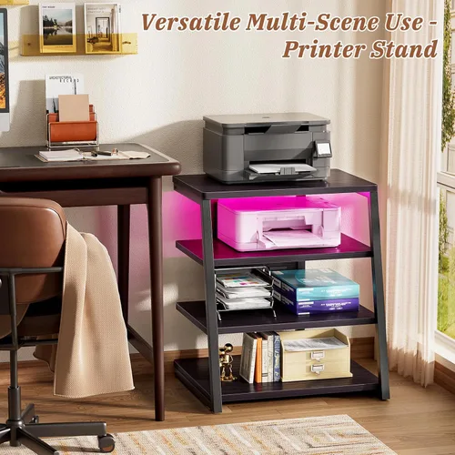 Vista 9 de Soporte multimedia AV de 4 niveles con tiras de alimentación, soporte estéreo con luces LED, torre de audio en rack con estantes ajustables, pequeño