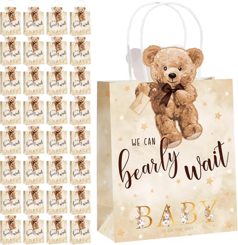 Vista 8 de Tinlade - 16 bolsas de regalo de oso para baby shower, We Can Bearly Wait, bolsas de regalos con asas, para baby shower, regalos para recién Azul