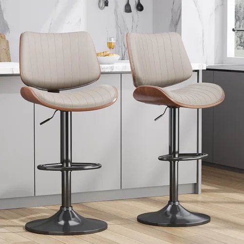 Vista 20 de Juego de 1 taburetes de bar giratorios de madera curvada ajustables para encimera de cocina, moderna silla de bar tapizada de piel sintética