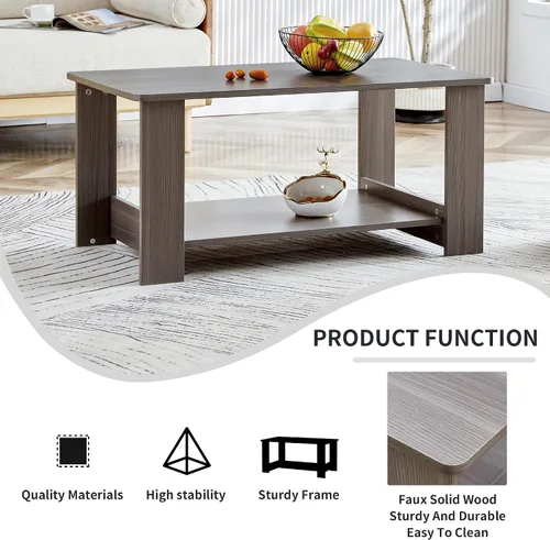 Vista 9 de Mesas de centro modernas de 2 niveles rectangulares de madera con amplio almacenamiento, perfectas para sala de estar, decoración de sala
