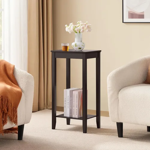 Vista 4 de Topeakmart Mesa auxiliar alta de 2 niveles con estante de almacenamiento y patas de madera maciza, mesa auxiliar de sofá para sala de estar, sofá