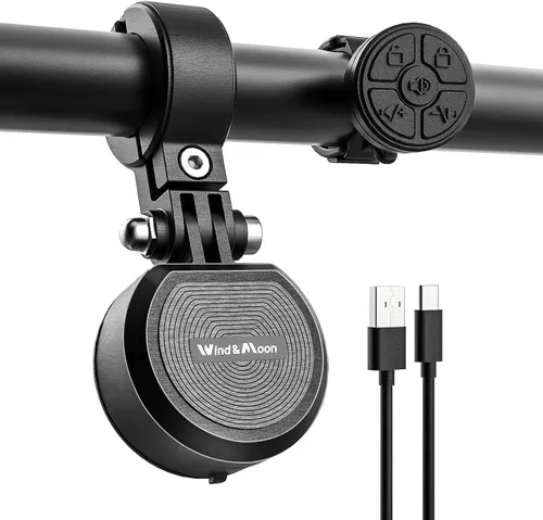 Vista 7 de Wind&Moon Timbre de bicicleta eléctrica, alarma antirrobo ajustable de 80-130 DB, IPX6 impermeable con bocina de scooter recargable USB, campana