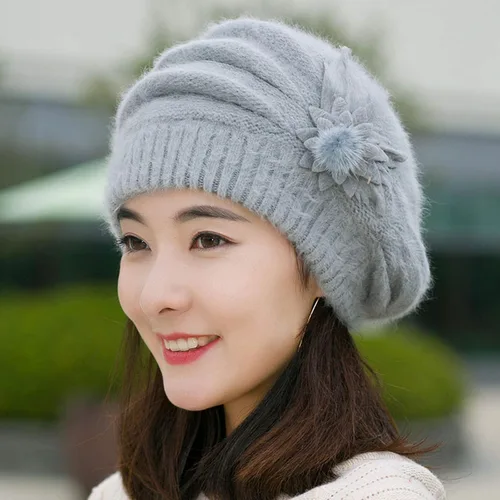 Vista 2 de Gorro de invierno para mujer, gorro de punto de lana, suave, elástico, grueso, lindo gorro de punto para clima frío