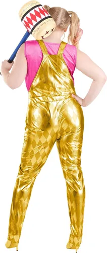 Vista 4 de Disfraz de Harley Quinn para mujer, talla grande, overol dorado, traje de arlequín para héroes y villanos, cosplay y Halloween