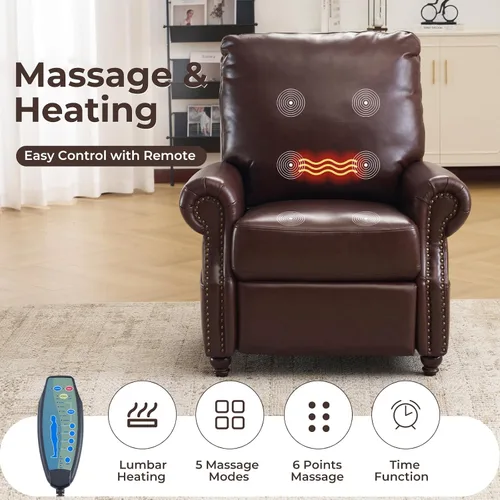 Vista 3 de Silla reclinable de respaldo con masaje y calor, silla reclinable de cuero transpirable con respaldo sobrerelleno, silla de respaldo con decoración