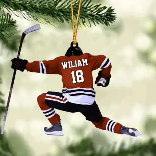 Vista 4 de Adorno de Navidad personalizado de jugador de hockey 2025, decoración colgante de madera acrílica con nombre personalizado para árbol de vacaciones