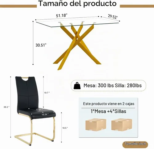 Vista 3 de Juego de mesa de comedor de cristal de 5 piezas para 4, moderno juego de mesa de cocina rectangular de vidrio templado transparente de 51.18