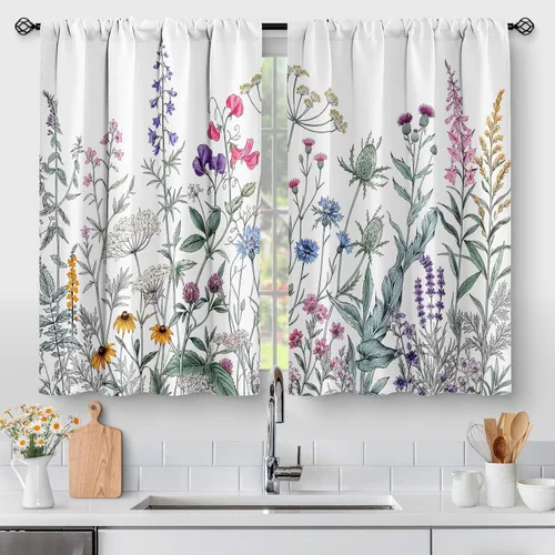 Vista 13 de Aimego - Cortinas de cocina con plantas rústicas y flores de primavera, botánicas, con hojas verdes, cortas, para cafetería, baño, con bolsillo