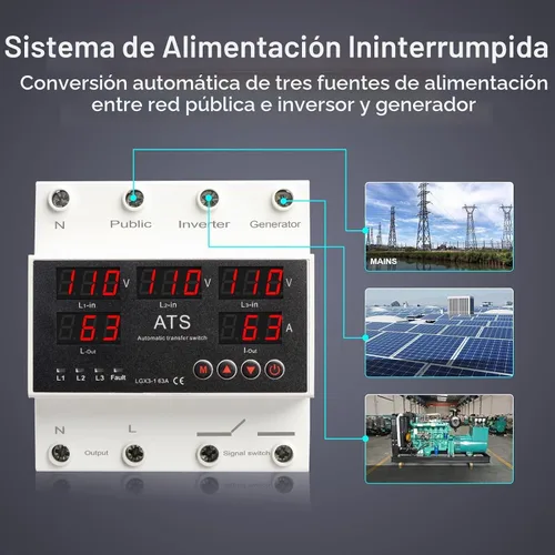 Vista 2 de Interruptor de Transferencia Automática ATS 4P 63A 110V - Selector de Fase de Prioridad L1, 50/60Hz, Montaje en Riel DIN, Certificado CE para Uso