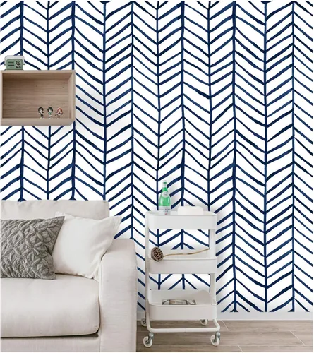 Vista 5 de HAOKHOME Papel tapiz azul marino para despegar y pegar, diseño moderno a rayas para baño, decoración extraíble de espiga de 17.7 pulgadas x 9.8 pies