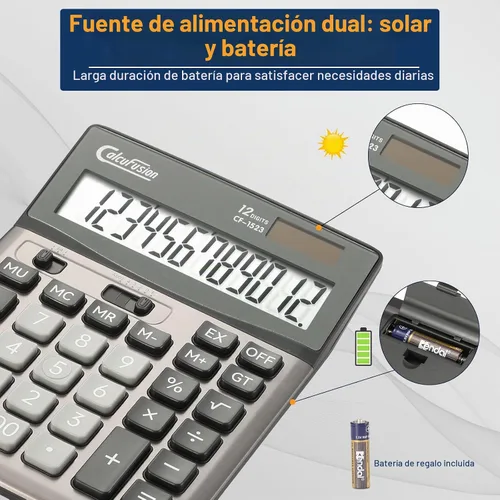 Vista 4 de Calculadora de escritorio de 12 dígitos con pantalla LCD grande, botones grandes, función estándar básica, calculadora solar con batería