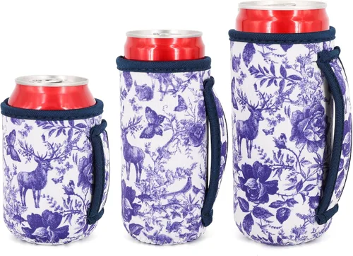 Vista 27 de 3 Pack de fundas aisladas reutilizables de neopreno con asa para soda, bebida energética, refresco, cerveza, seltzer duro, fundas para latas de 12
