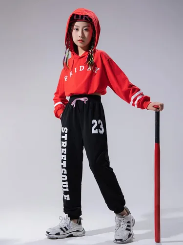 Vista 6 de Conjunto deportivo de 2 piezas para niñas, ropa de baile de hip hop, sudadera corta con capucha y pantalones deportivos (rojo, 10-12), Rojo