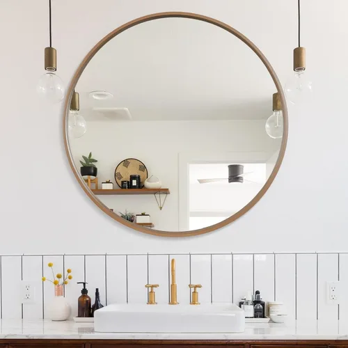 Vista 9 de WallBeyond Espejo redondo negro de madera de 24 pulgadas, espejo de pared circular para baño, espejo de pared redondo para decoración de pared