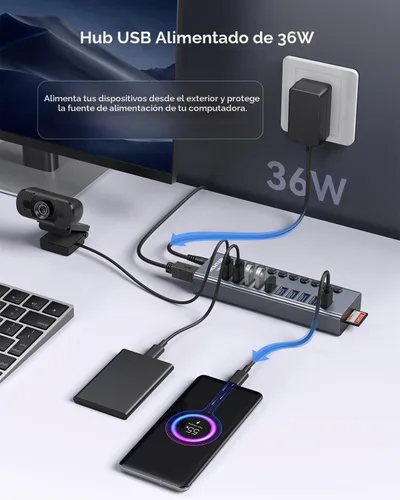 Vista 4 de WENTER Hub USB 3.0 alimentado con lector de tarjetas SD/TF, concentrador USB de aluminio de 10 puertos