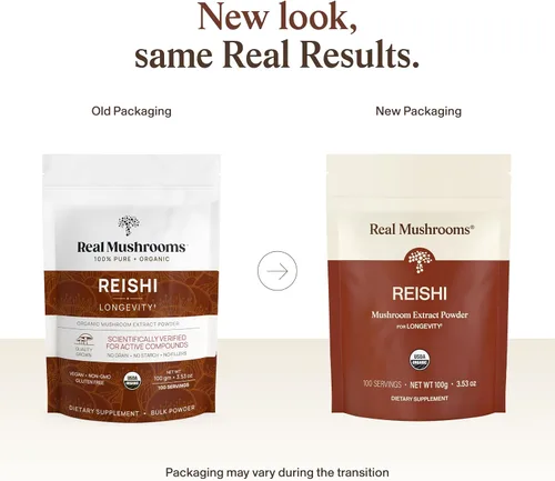 Vista 2 de Real Mushrooms Reishi - Polvo de hongos orgánicos seleccionados a mano, reishi rojo para un bienestar diario tranquilo con beta-glucanos